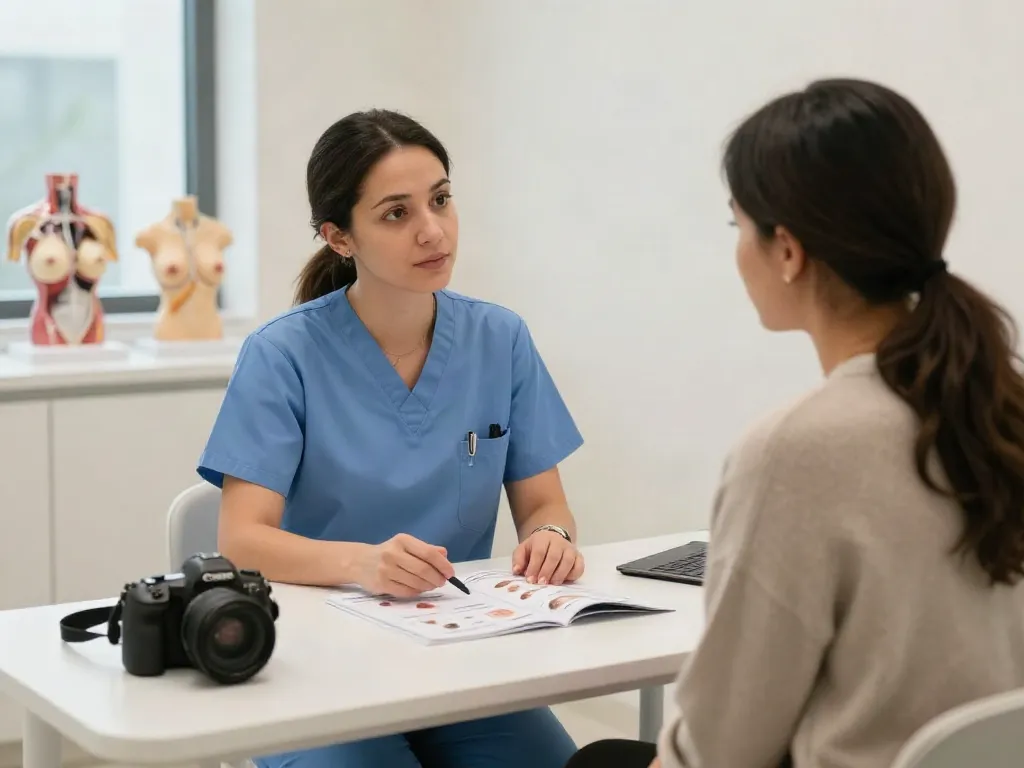 Breast surgery UAE consultation showing patient discussing options with expert surgeon in a supportive environment.