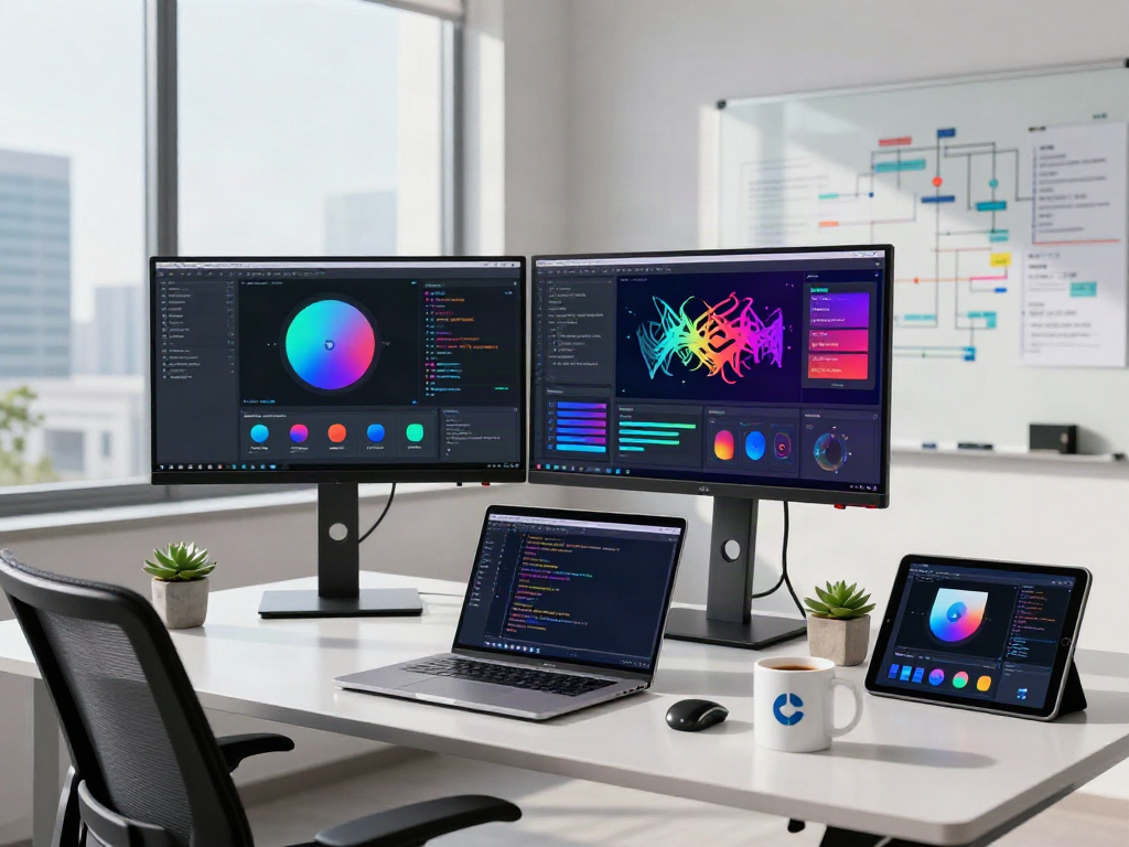 AI Image Detector in a modern tech workspace with dual monitors and coding interface.