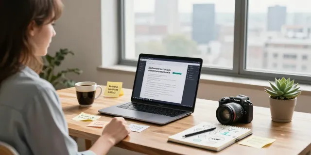 Content creator focused on how to create how to articles with AI in a bright home office.