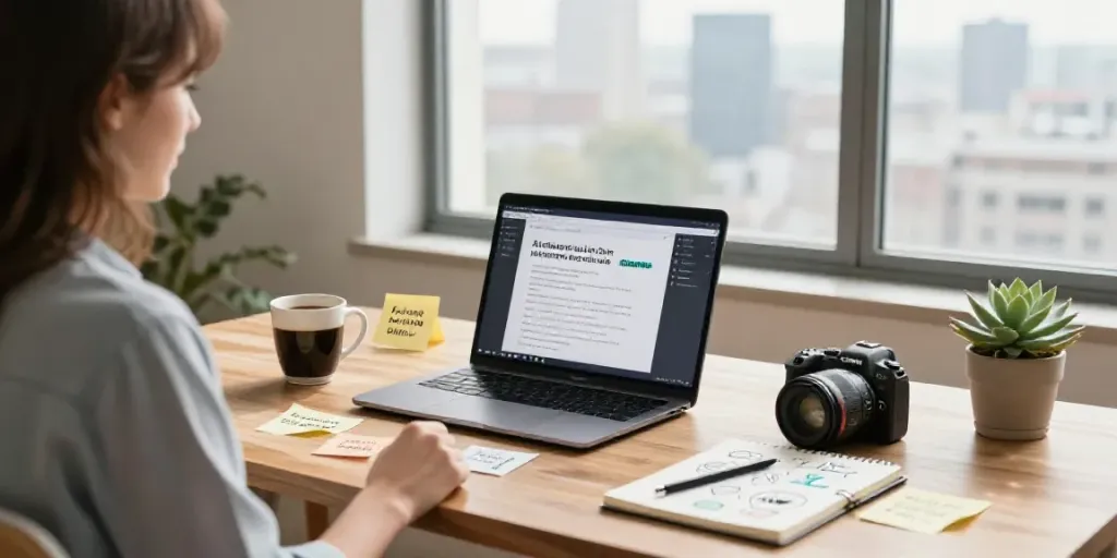 Content creator focused on how to create how to articles with AI in a bright home office.
