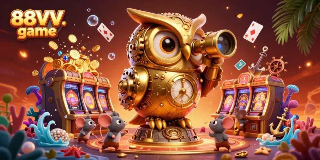 Experience thrilling wins at 88VV game with a golden owl and vibrant casino elements.