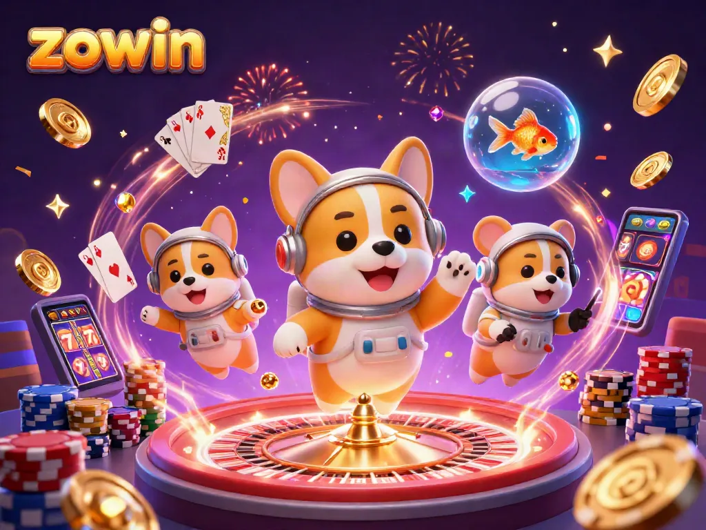 Experience thrilling Zowin adventures with floating characters in a vibrant casino atmosphere.