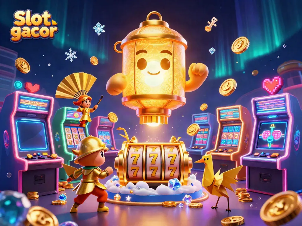 Immerse in Slot gacor excitement with a vibrant casino scene featuring slot machines and golden characters.