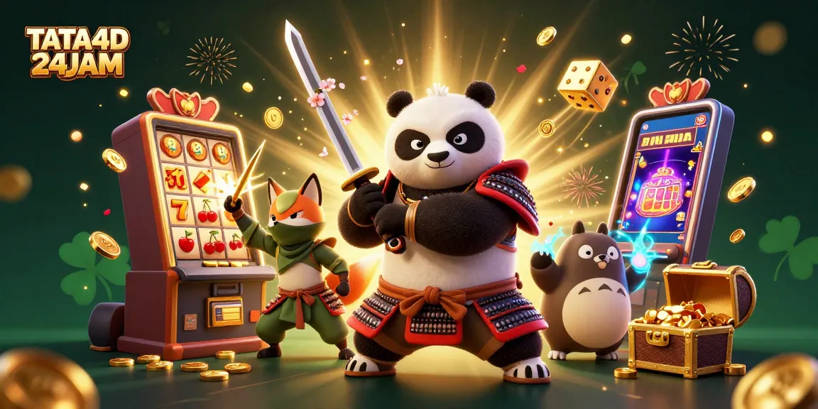 TATA4D 24JAM showcases a vibrant, dynamic casino scene with a samurai panda and ninja fox for an engaging gaming experience.