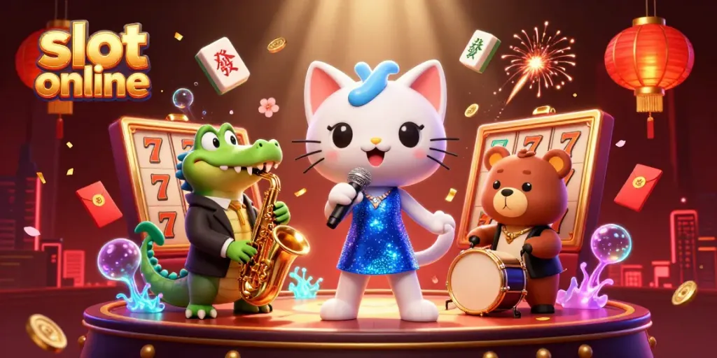 Win big on slot online games featuring 3D cartoon characters in a dynamic casino scene.