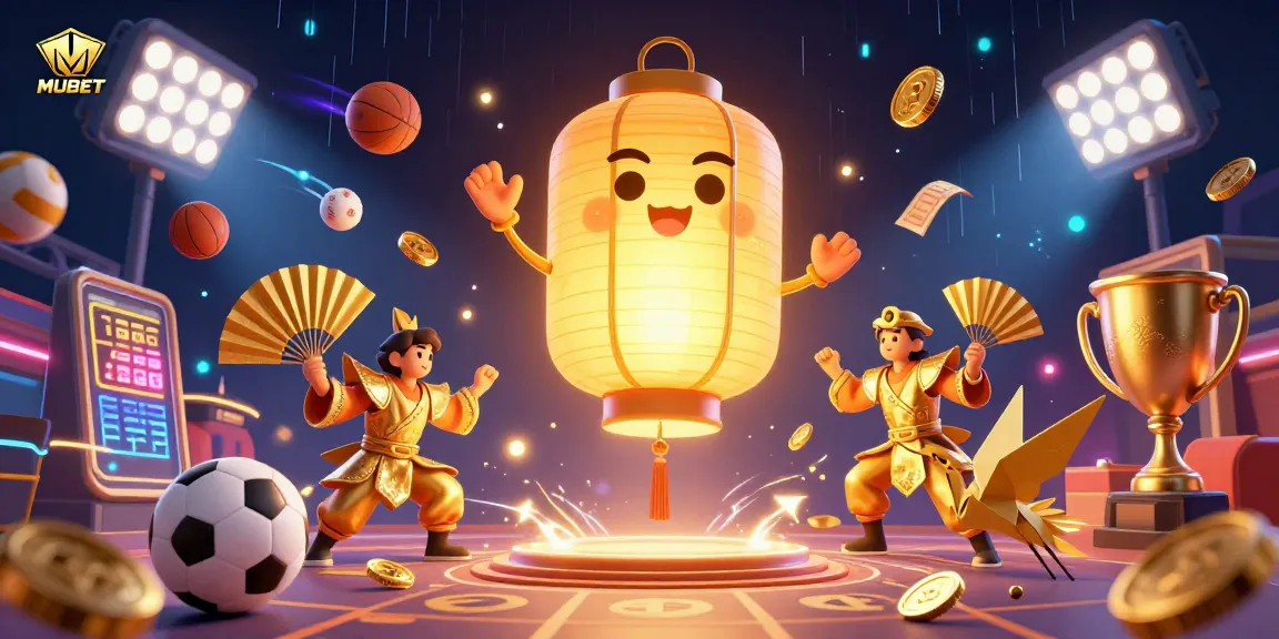 MUBET showcases dynamic betting action with a golden lantern spirit, vibrant sports elements, and casino excitement.