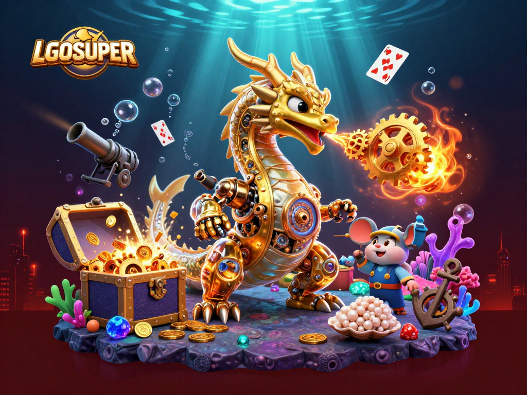 Experience the thrilling action of LGOSUPER as a biomechanical dragon breathes golden gears amidst vibrant underwater treasures.