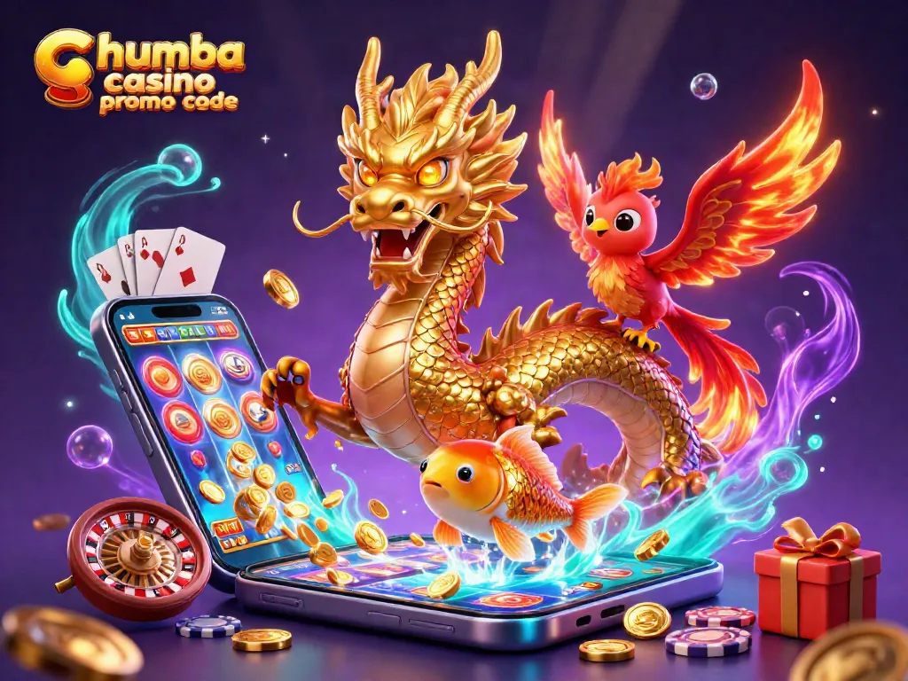 Play with Chumba Casino promo code to win coins surrounded by a golden dragon and phoenix.