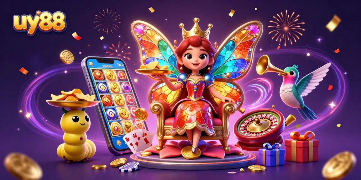 Experience the excitement of uy88 as the butterfly queen oversees vibrant casino games with colorful visuals.