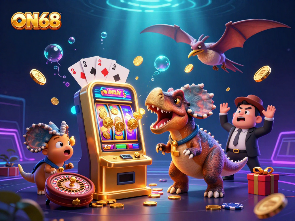 ON68 engages players with a pachycephalosaurus jackpot scene in a vibrant casino.