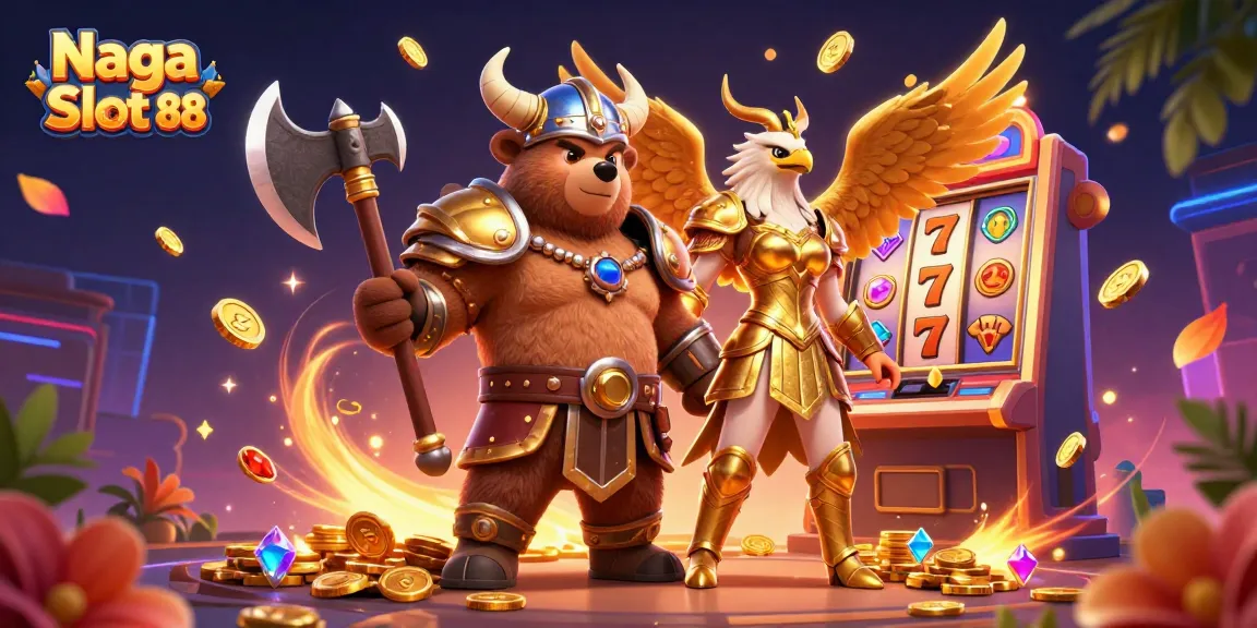 Naga Slot 88 brings to life an epic casino experience with a Viking bear and Valkyrie eagle in a vibrant illustration.