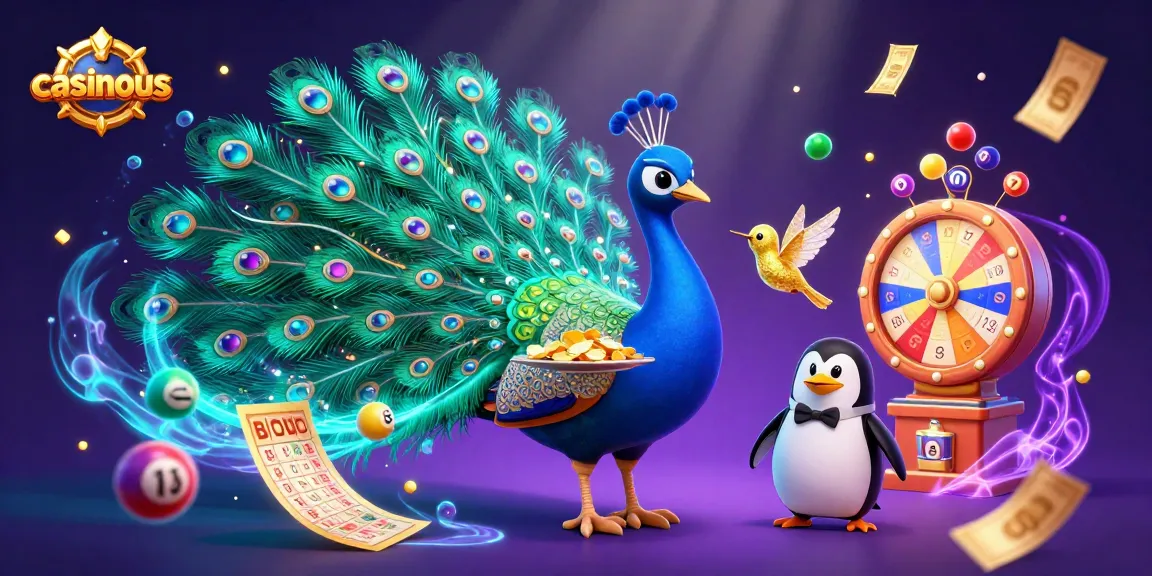 Play exciting games at casinous, featuring a whimsical scene of a peacock and friends with colorful casino elements.