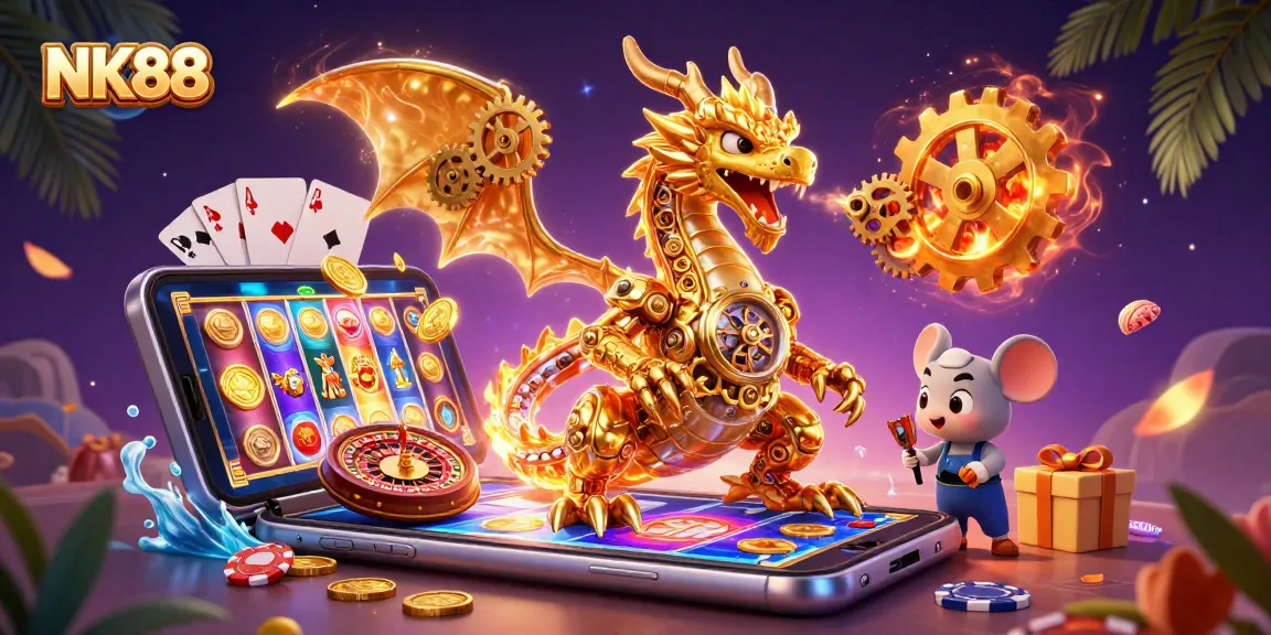 Experience thrilling gaming moments at NK88 with our cartoon dragon illustration and vibrant slot games.