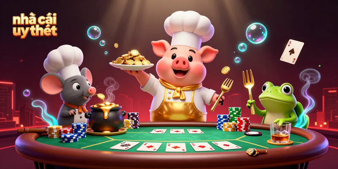 Bid at nhà cái uy tín with animated characters engaged in vibrant casino activities amidst gold coins.