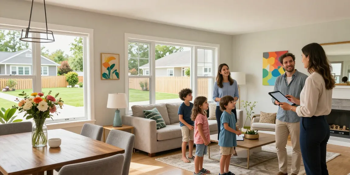 Visite d'une maison moderne par la famille Woning Unie, agent immobilier guidant dans un environnement chaleureux.