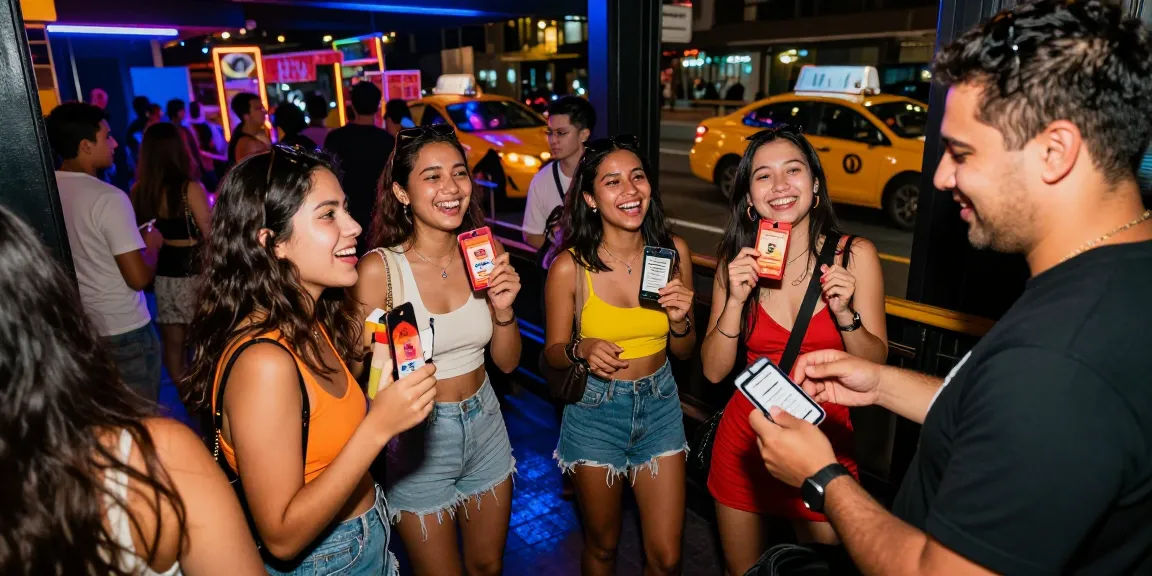 Group of friends celebrating with Club21ids novelty IDs at a club