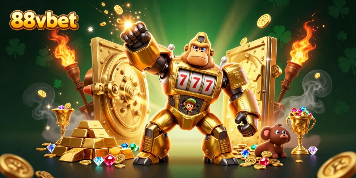 Experience 88vbet's exciting golden gorilla mech in a treasure-filled casino showdown.