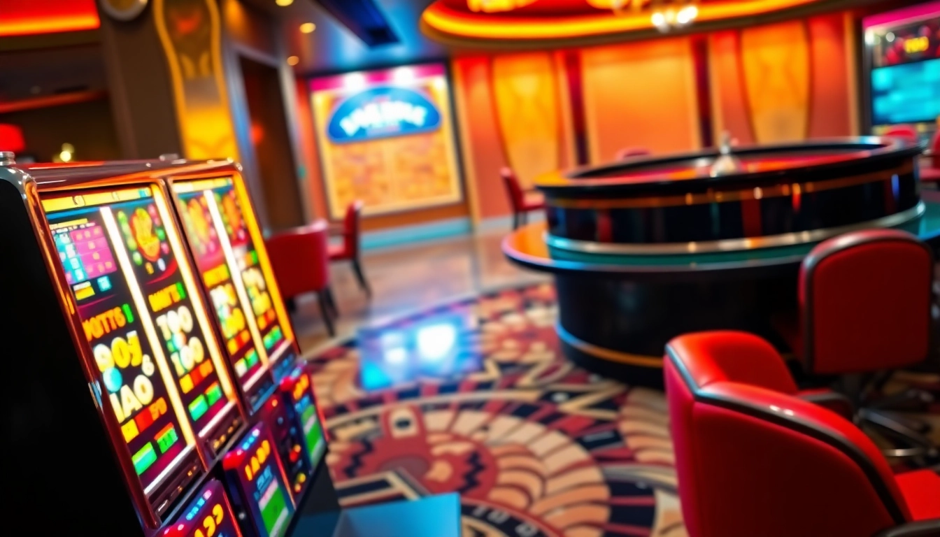 Mainkan loketcuan dengan mesin slot berwarna-warni di kasino mewah.
