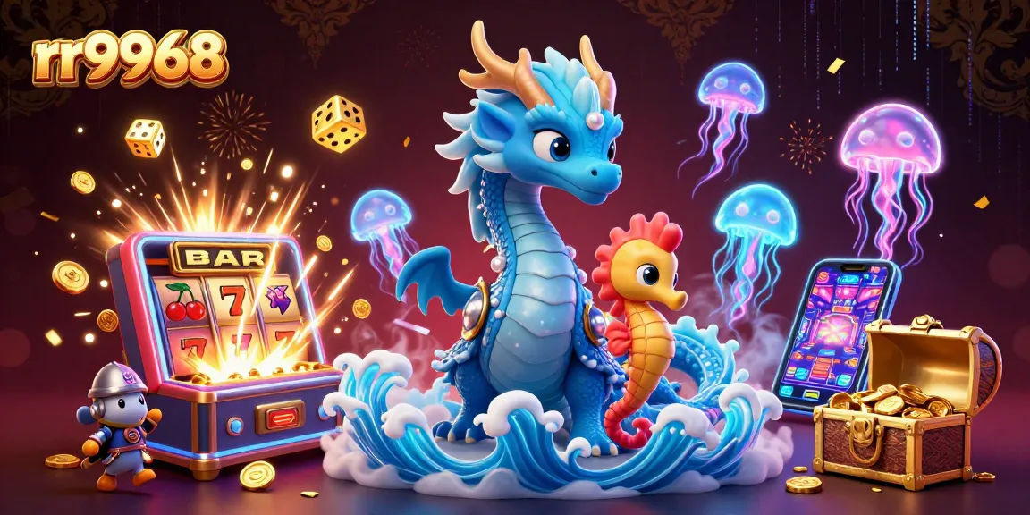 Experience the magic of rr9968 as a dragon and seahorse knight play among vibrant casino elements.