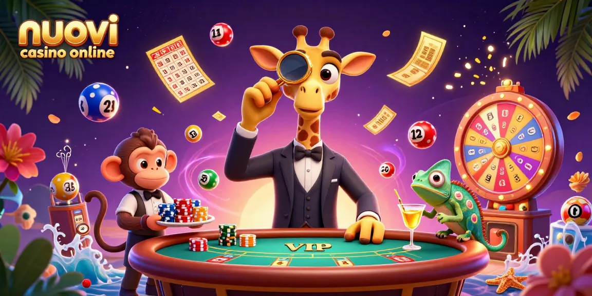 Nuovi casino online: giraffe in tuxedo e monkey valet in un ambiente vivace di gioco.