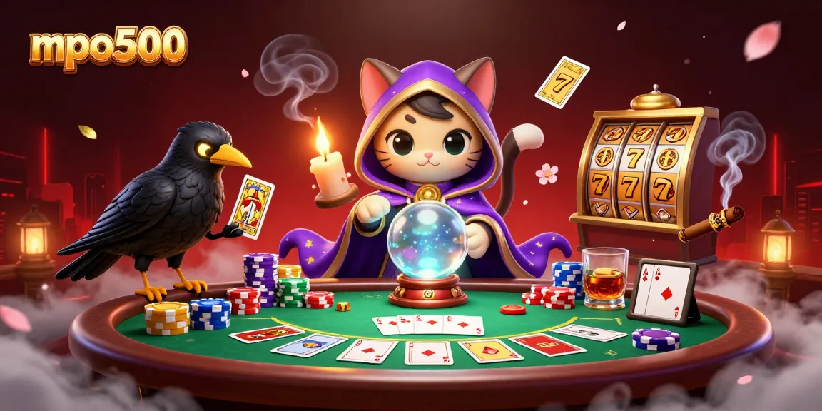 Experience mpo500's vibrant gaming scene with a mystical cat, raven, and rich casino elements.