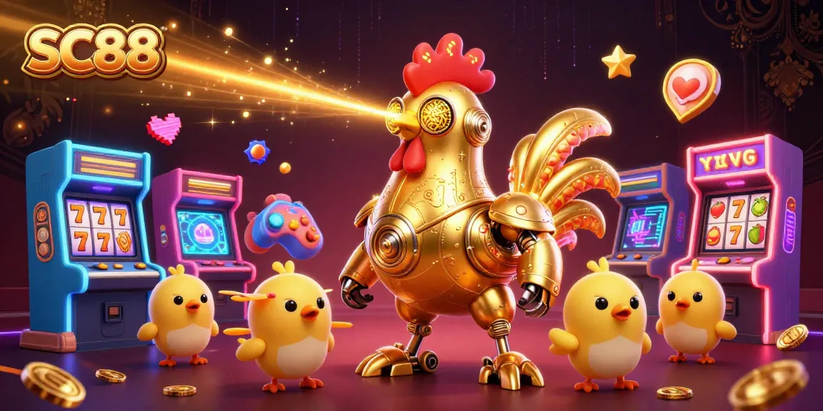 Engage with SC88's vibrant casino arcade scene featuring a golden rooster robot and chick drones.
