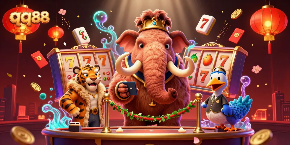 Experience thrilling gambling at qq88 casino with a vibrant 3D illustration of iconic characters at the entrance.