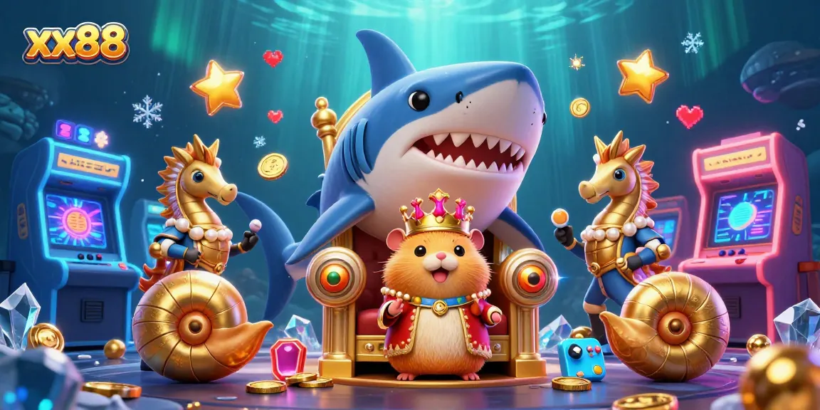 Engage with xx88's vibrant gaming experience featuring a golden hamster king on his megalodon throne.