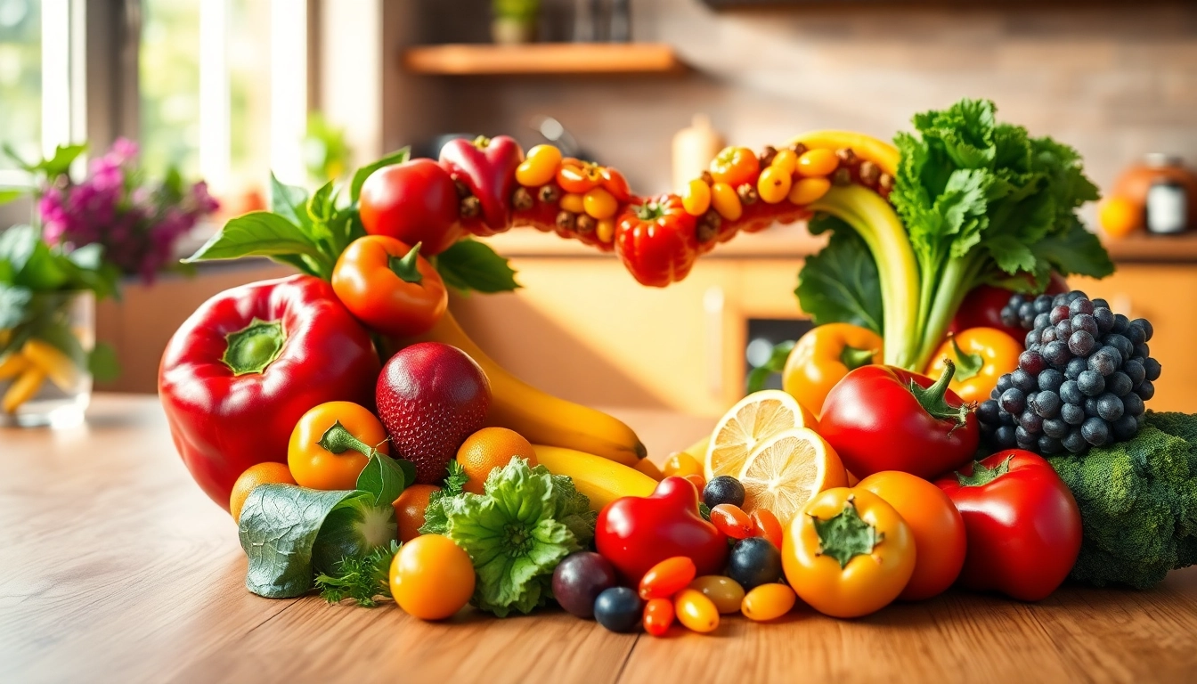 Promote Healthy Life with vibrant fruits and vegetables shaped like a heart.