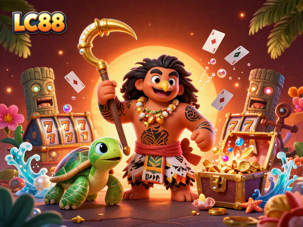 Experience thrilling wins at LC88, featuring a vibrant casino scene with exciting gaming elements and characters.