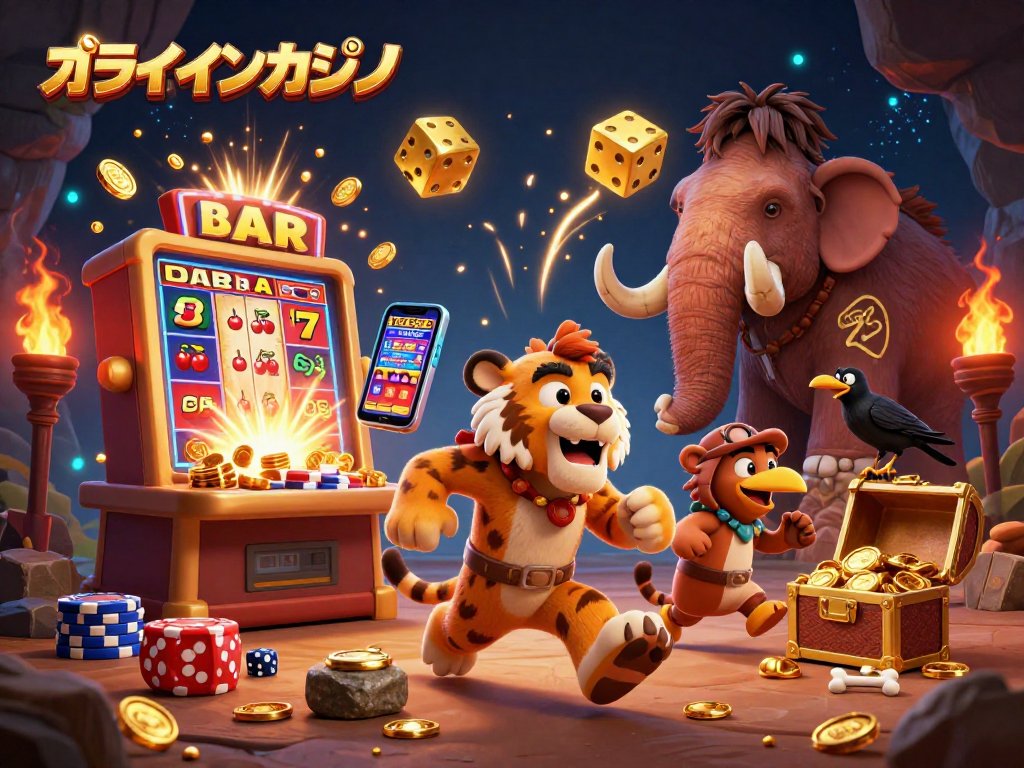 オンラインカジノの新しいアプリ体験を楽しむカジノキャラクターたち