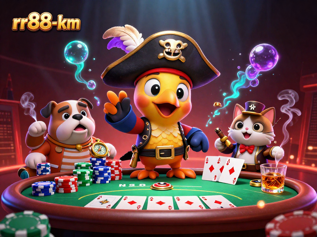 rr88-km showcases a vibrant 3D scene with pirate-themed poker action, enhancing gaming excitement.