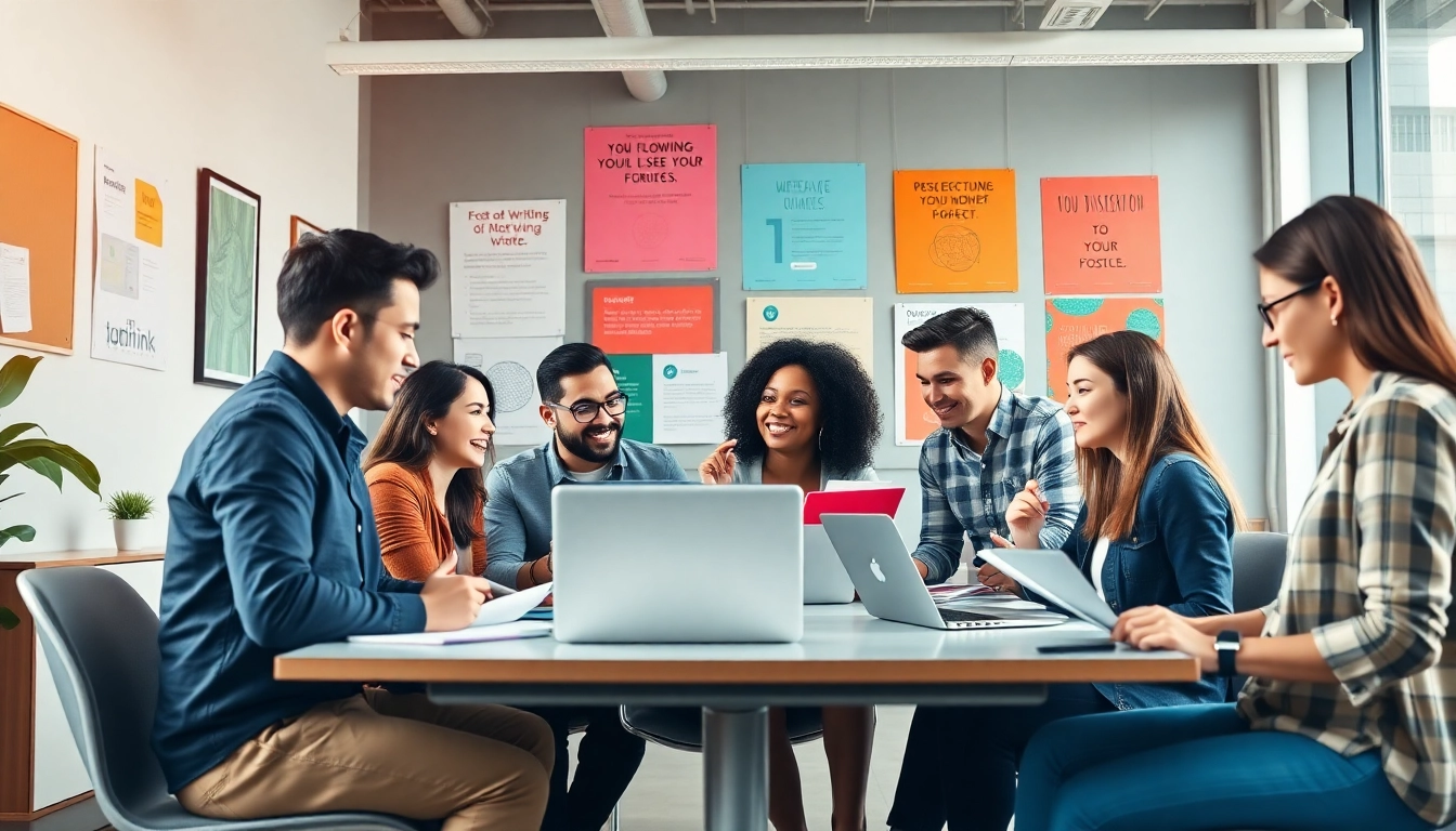Writink Services team of diverse professionals engaged in collaborative writing sessions.