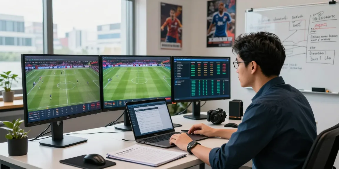 Situs Taruhan Bola Terpercaya sports analyst reviewing live betting odds in a modern office.