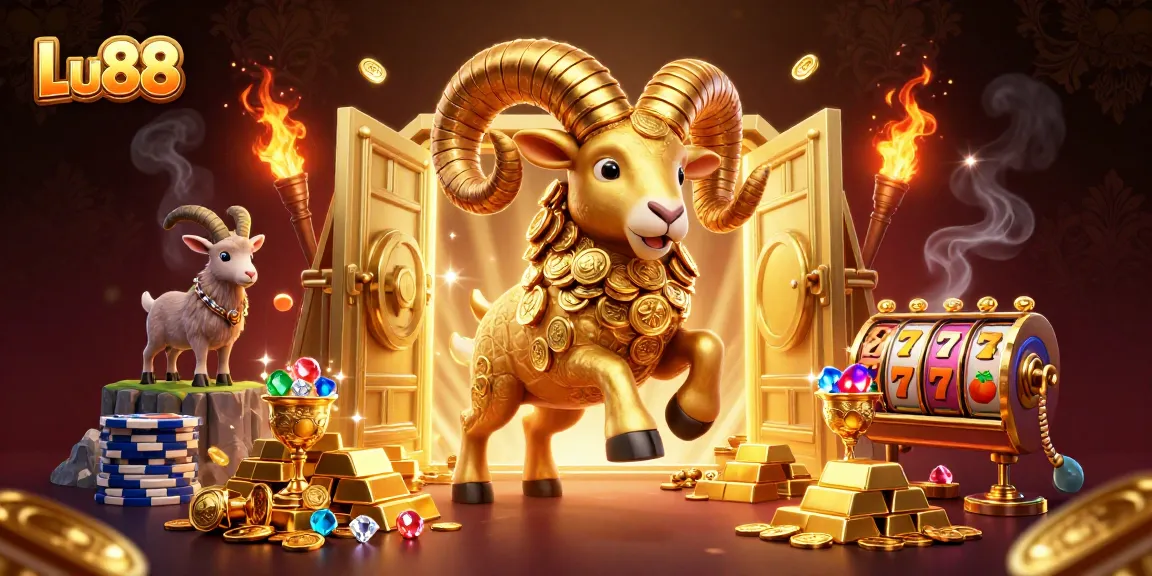 Experience thrilling gambling with Lu88's vibrant golden ram amidst a wealth of treasures.