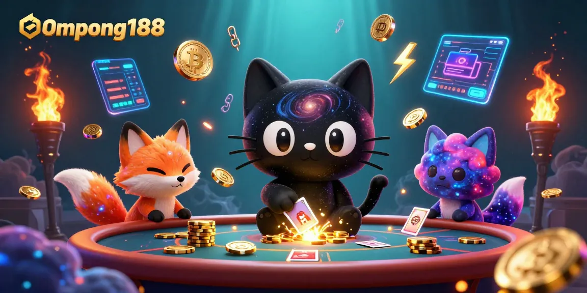 Taruhan pada Ompong188 dengan kucing hitam 3D dan elemen kasino digital yang berwarna-warni