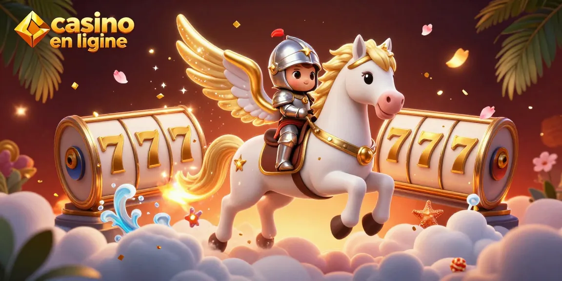 Admirez l'univers captivant du casino en ligne avec un cheval céleste et des symboles de jackpot scintillants.