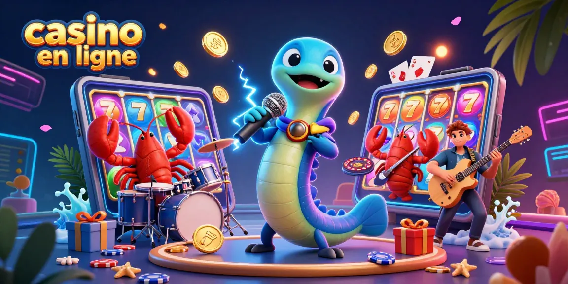 Célébrez le divertissement de casino en ligne avec une scène dynamique d'un anguille DJ, un batteur homard et un guitariste hippocampe.