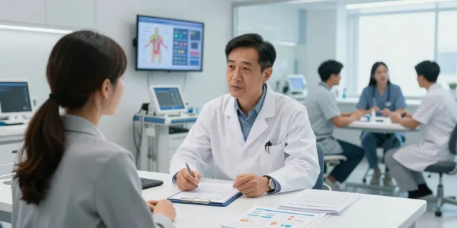 BPC157 discussion between a healthcare professional and patient in a modern clinic.
