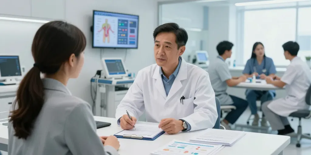 BPC157 discussion between a healthcare professional and patient in a modern clinic.