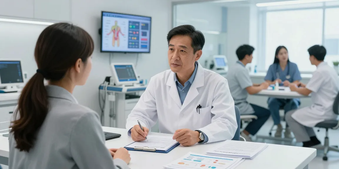 BPC157 discussion between a healthcare professional and patient in a modern clinic.