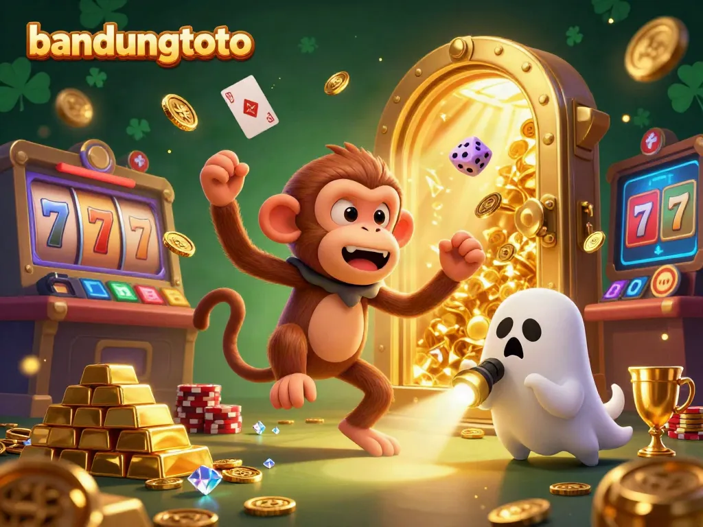 Engage with bandungtoto in a vibrant scene showcasing a playful poltergeist monkey and ghost-hunter puppy within an online casino atmosphere filled with treasures.