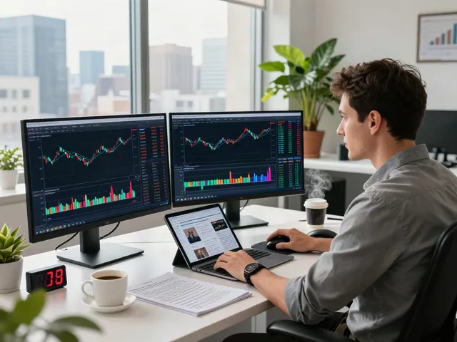 Dynamic trading workspace showcasing tradingview官网 with multiple monitors and market analysis.