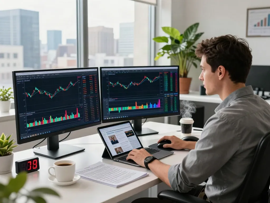 Dynamic trading workspace showcasing tradingview官网 with multiple monitors and market analysis.