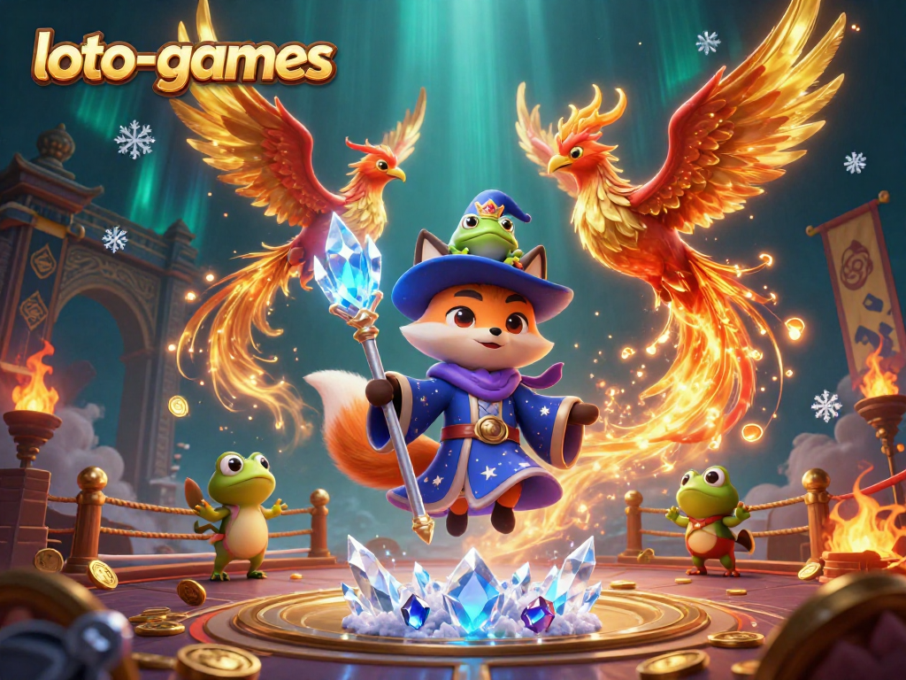 Engage with loto-games in an enchanting 3D casino scene featuring a wizard fox, phoenix, and immersive gaming elements.