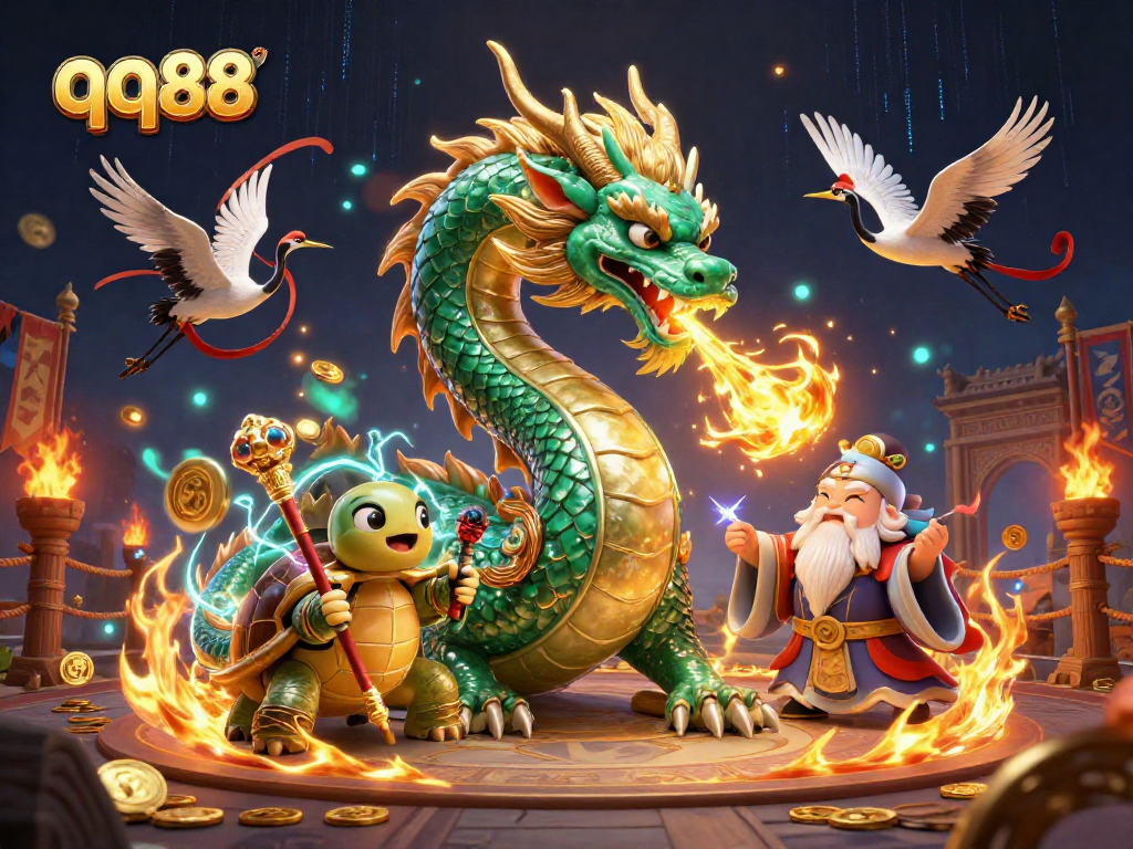 Engage with qq88 through a vibrant dragon and turtle scene illustrating thrilling casino action.