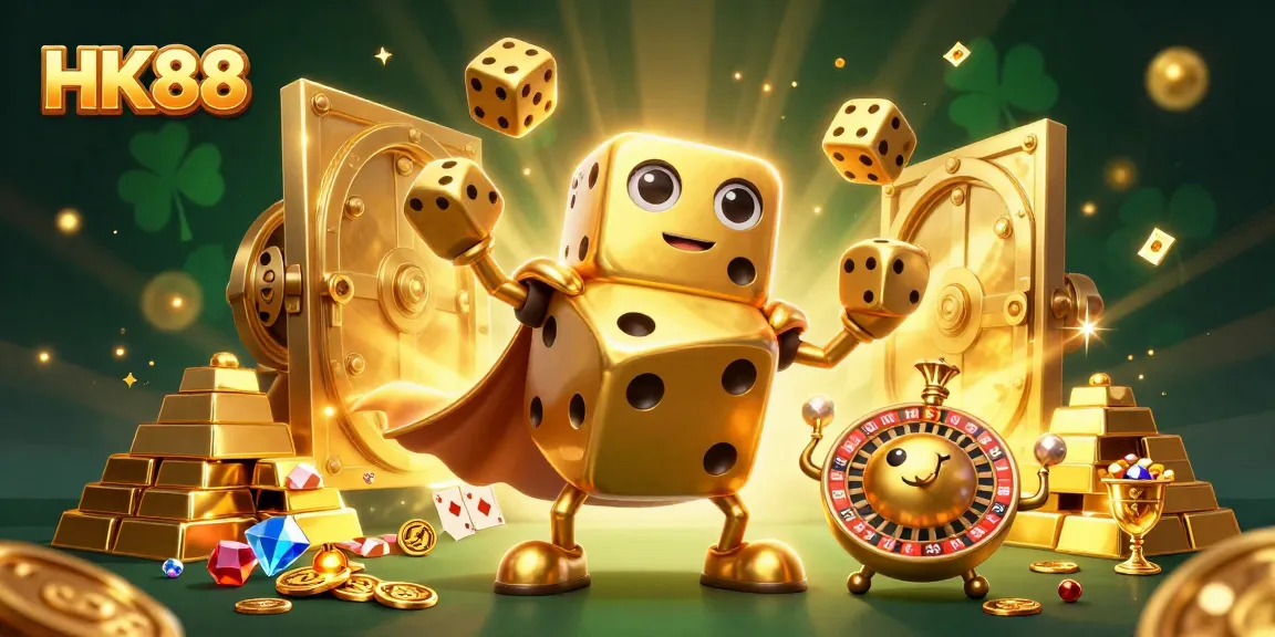 Experience winning excitement at HK88 with a vibrant 3D illustration showcasing casino elements and golden treasures.