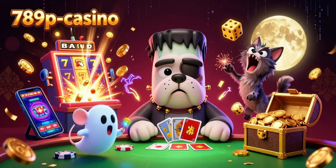 Engage with 789p-casino as the bulldog monster deals cards surrounded by exciting casino elements.