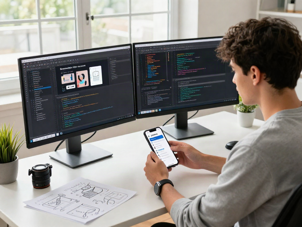 Mobile app development workspace featuring the pikashow apk displayed on a smartphone amidst a vibrant coding environment.