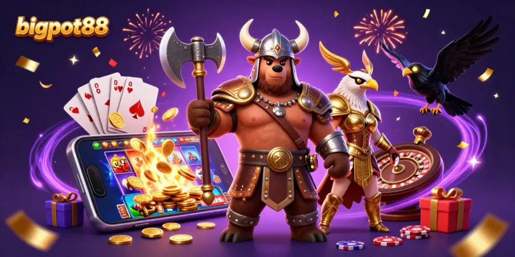 Rasakan keseruan bigpot88 dengan karakter Viking dan elemen permainan slot yang berkilau.